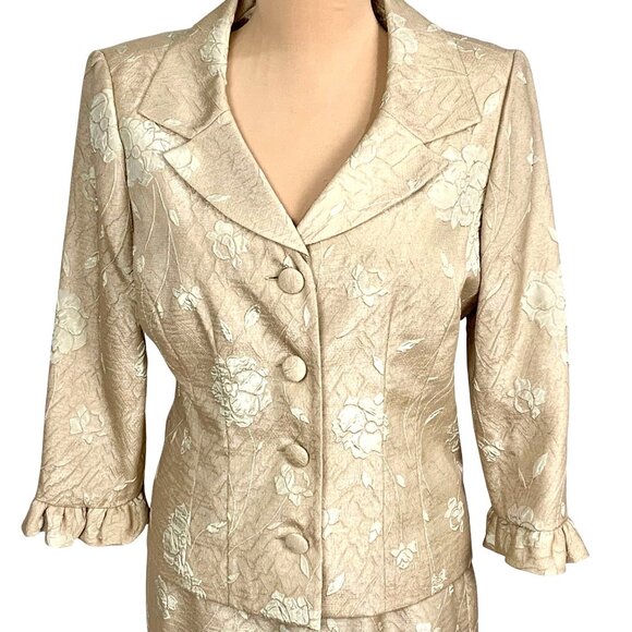 Gold Floral Brocade 2-PC Formal Skirt Suit Set Size 6 Mother of Bride Cocktail - Picture 2 of 8